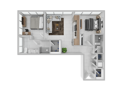 Floor plan for 2 beds, 2 baths, 1001 sqft