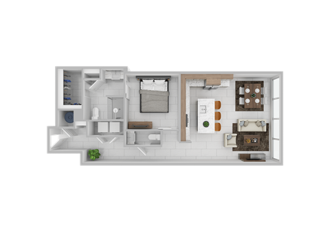 Floor plan for 1 bed, 1.5 baths, 945 sqft