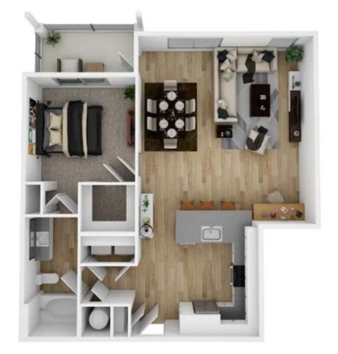 Floor plan for 1 bed, 1 bath, 896 sqft