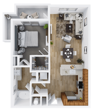 Floor plan for 1 bed, 1 bath, 734 sqft