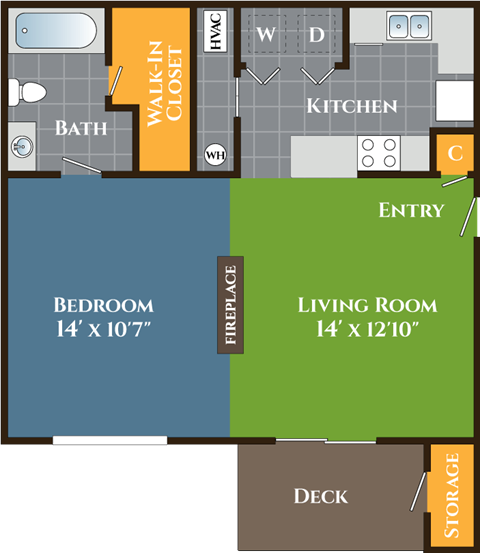 Floor plan for studio, 1 bath, 641 sqft