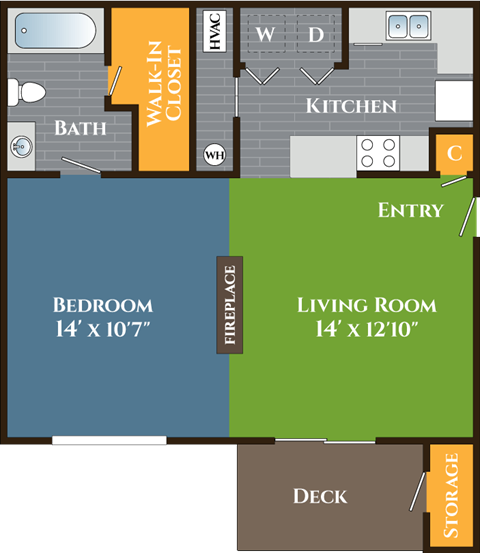 Floor plan for studio, 1 bath, 641 sqft