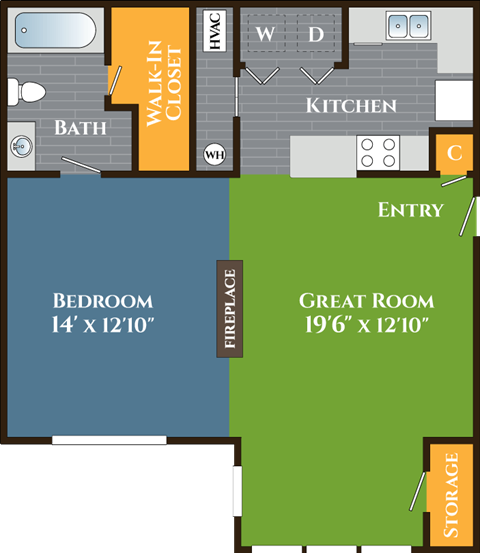 Floor plan for studio, 1 bath, 711 sqft