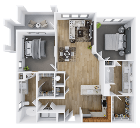 Floor plan for 2 beds, 2 baths, 1151 sqft