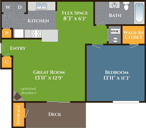 Floor plan for 1 bed, 1 bath, 729 sqft
