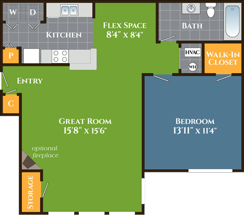 Floor plan for 1 bed, 1 bath, 808 sqft