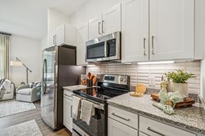 Myrtle Beach apartment for rent - a kitchen with stainless steel appliances and granite counter tops at The Leo Myrtle Beach, Myrtle Beach, SC