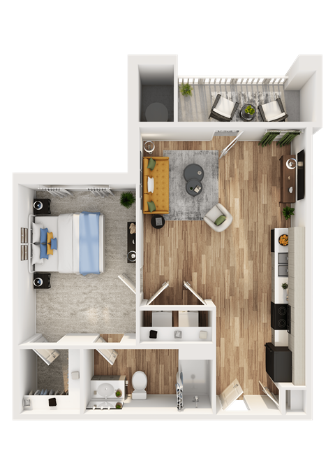 Floor plan for 1 bed, 1 bath, 701 sqft