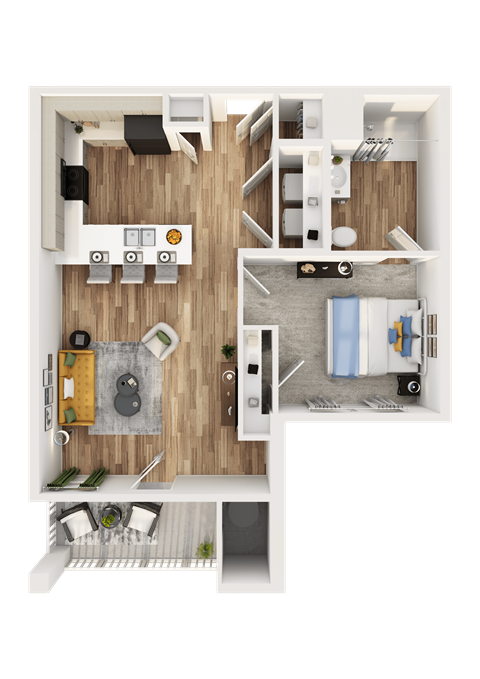 Floor plan for 1 bed, 1 bath, 697 sqft