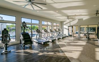 A gym with a row of cardio machines and large windows