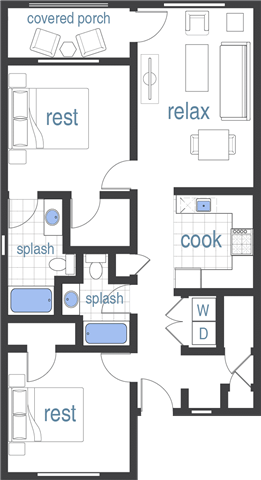 Floor plan for 2 beds, 2 baths, 1009 sqft