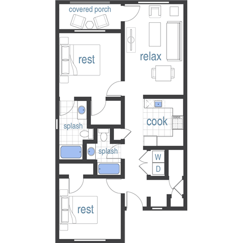 Floor plan for 2 beds, 2 baths, 1009 sqft