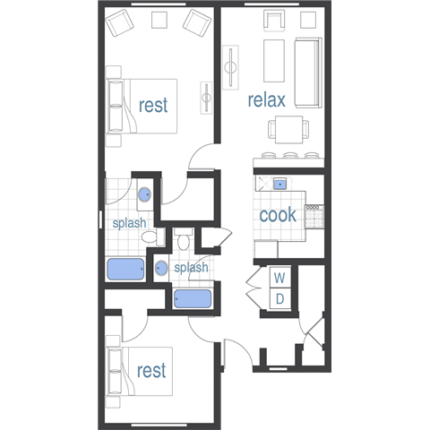 Floor plan for 2 beds, 2 baths, 1078 sqft