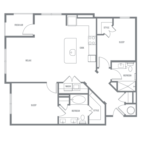 Floor plan for 2 beds, 2 baths, 1139 sqft