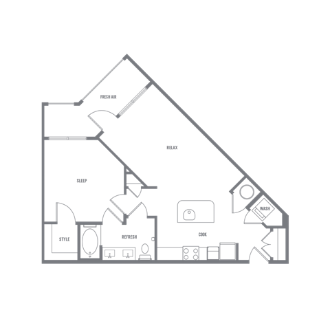 Floor plan for 1 bed, 1 bath, 759 sqft