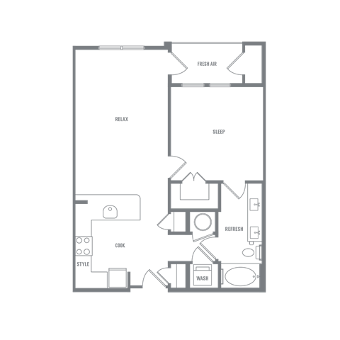 Floor plan for 1 bed, 1 bath, 753 sqft