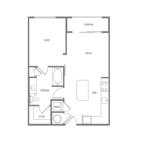 Floor plan for 1 bed, 1 bath, 632 sqft