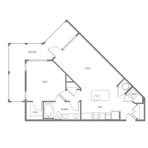 Floor plan for 1 bed, 1 bath, 759 sqft