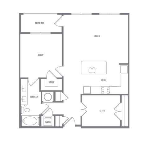 Floor plan for 1 bed, 1 bath, 967 sqft