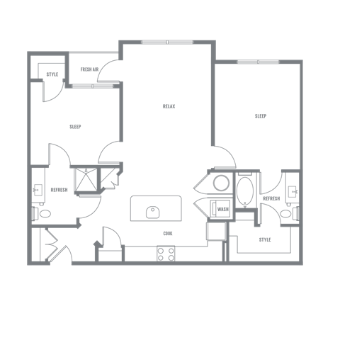Floor plan for 2 beds, 2 baths, 1118 sqft