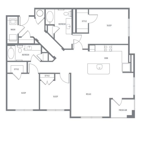 Floor plan for 3 beds, 2 baths, 1435 sqft