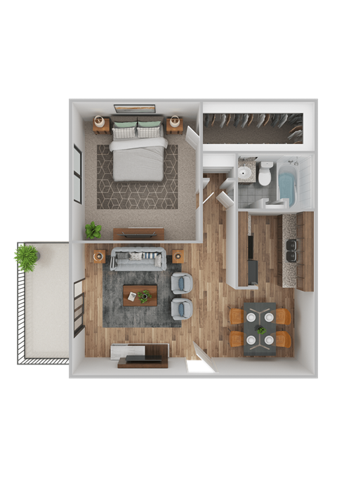 Floor plan for 1 bed, 1 bath, 703 sqft
