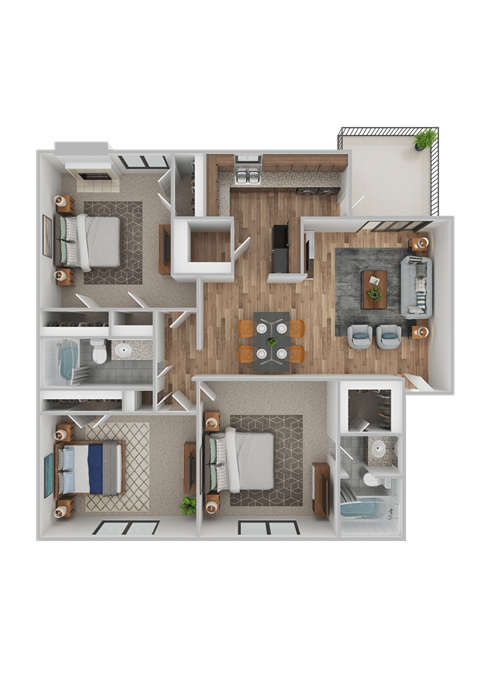 Floor plan for 3 beds, 2 baths, 1298 sqft