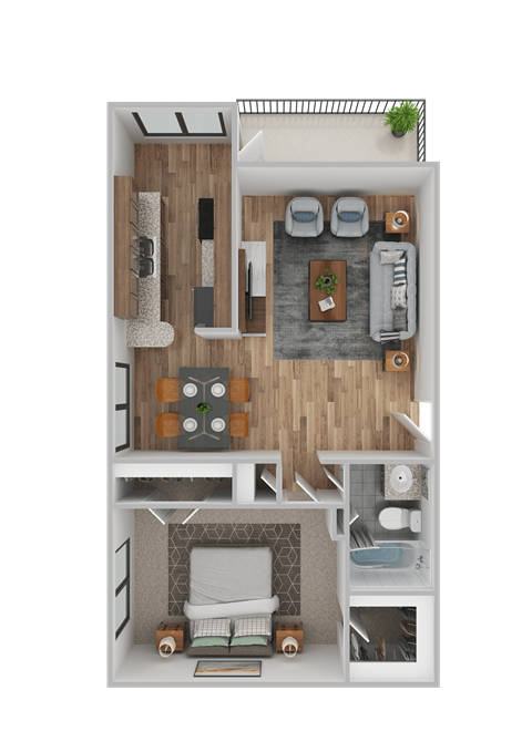Floor plan for 1 bed, 1 bath, 733 sqft