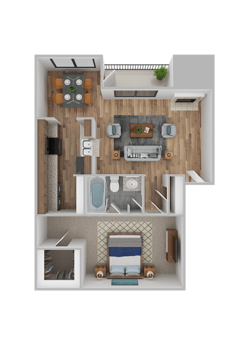 Floor plan for 1 bed, 1 bath, 741 sqft
