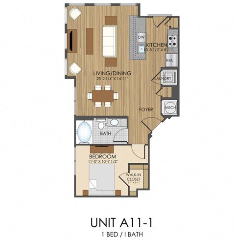 Floor plan for 1 bed, 1 bath, 807 sqft