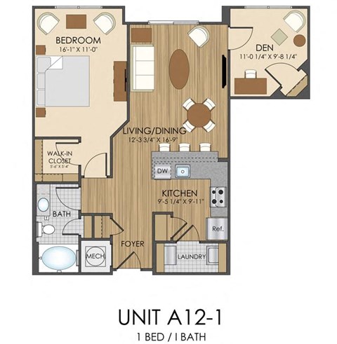 Floor plan for 1 bed, 1 bath, 920 sqft
