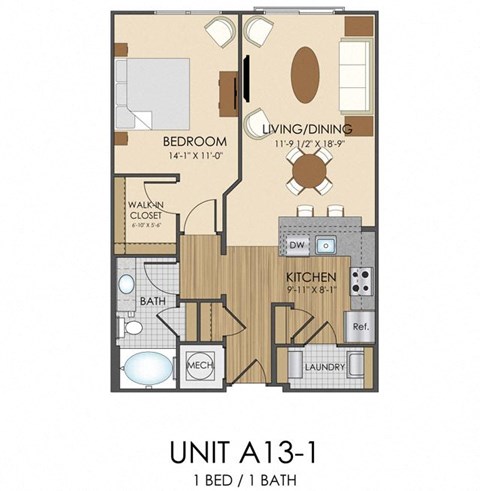 Floor plan for 1 bed, 1 bath, 794 sqft