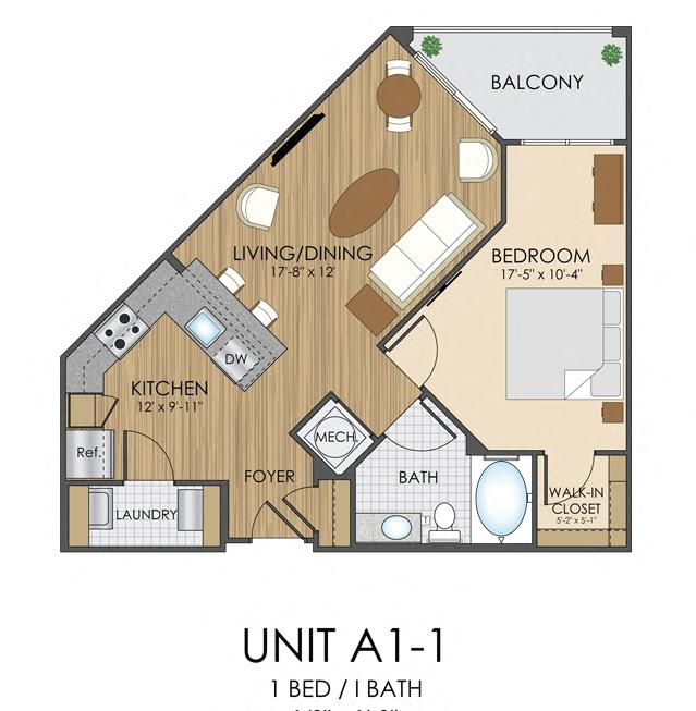 Floor plan for 1 bed, 1 bath, 730 sqft