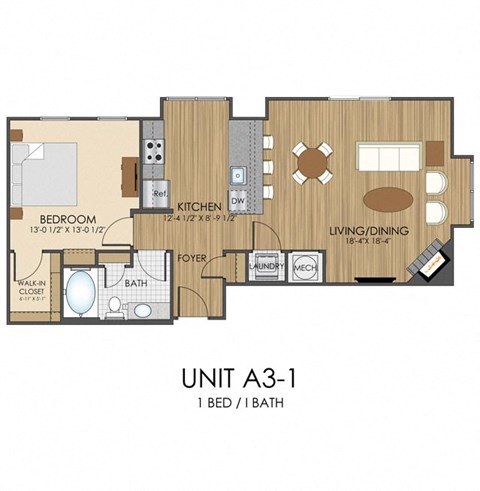 Floor plan for 1 bed, 1 bath, 910 sqft