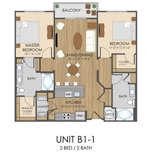 Floor plan for 2 beds, 2 baths, 1163 sqft