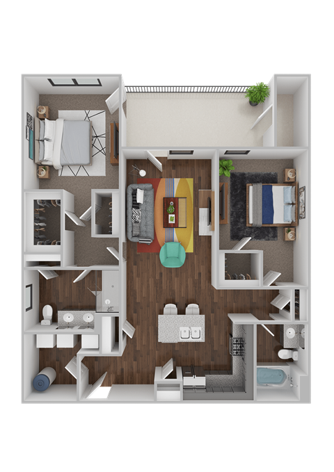 Floor plan for 2 beds, 2 baths, 1043 sqft
