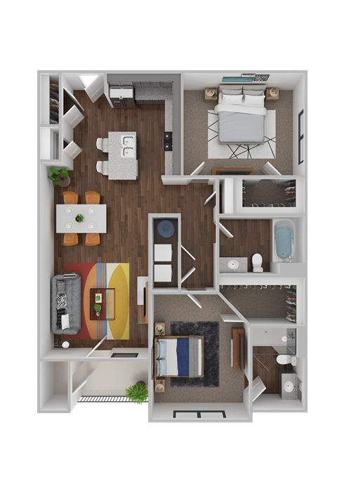 Floor plan for 2 beds, 2 baths, 1078 sqft