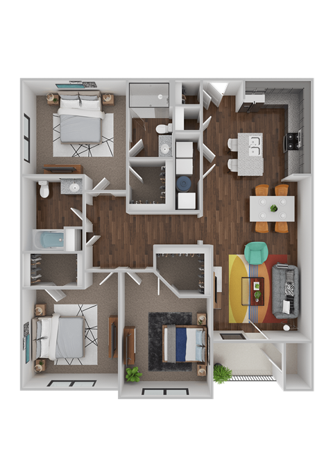 Floor plan for 3 beds, 2 baths, 1306 sqft