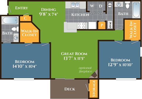 Floor plan for 2 beds, 2 baths, 1009 sqft