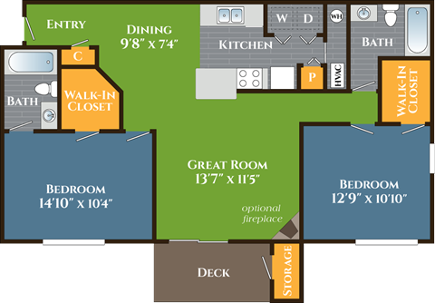 Floor plan for 2 beds, 2 baths, 1009 sqft