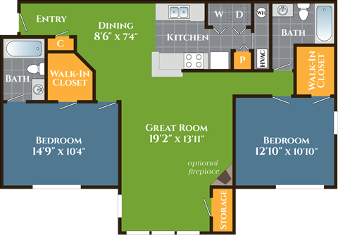 Floor plan for 2 beds, 2 baths, 1078 sqft