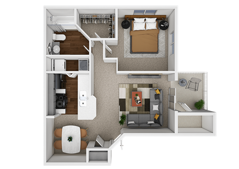 Floor plan for 1 bed, 1 bath, 678 sqft