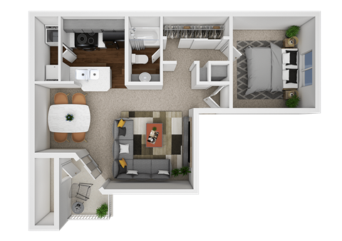 Floor plan for 1 bed, 1 bath, 705 sqft