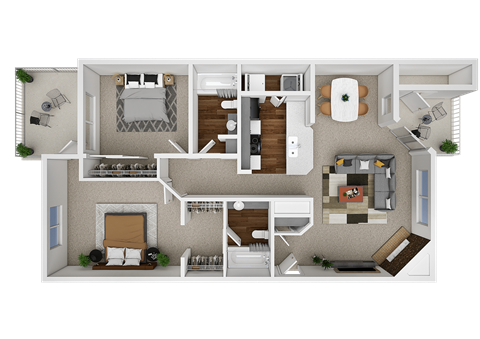 Floor plan for 2 beds, 2 baths, 978 sqft