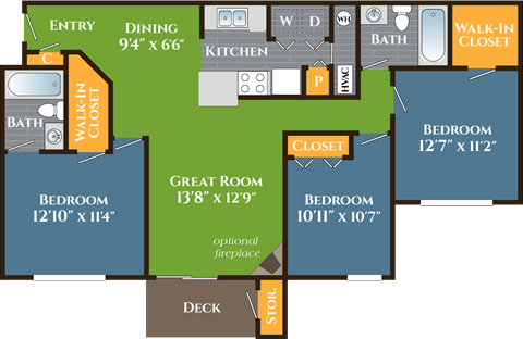 Floor plan for 3 beds, 2 baths, 1196 sqft