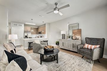 Kennesaw apartment for rent - A modern living room with a grey sofa and a black coffee table.