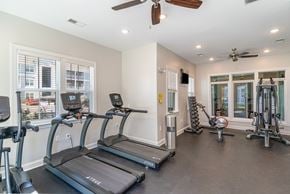 Myrtle Beach apartment for rent - two treadmills and other exercise equipment in a home gym with windows
