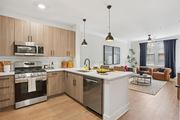 Atlanta apartment for rent - A modern kitchen with wooden cabinets and stainless steel appliances at Union Eleven Apartments, Georgia 30324