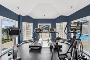 Charlotte apartment for rent - Two treadmills in a gym with windows and a pool  at Wellington Farms, Charlotte, North Carolina