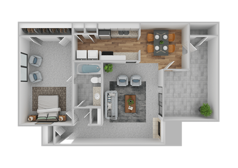 Floor plan for 1 bed, 1 bath, 767 sqft